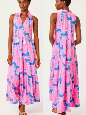 NWT Lilly Pulitzer Malone Maxi Dress in Blue Haven Little Flamenco, Size XS